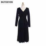 Ootdgirl  Elegant V-Neck Thick Warm Women Knitted Pleated Dress Long Sleeve Belted Sashes Ladies Sweater Dress 2022 Autumn Winter