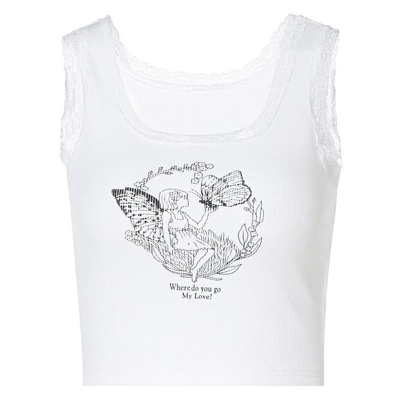 Ootdgirl Cartoon Printed Lace Trim White Crop Top Fairy Grunge Summer Clothes For Women Cute Slim Fit Ribbed Tank Tops