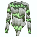 Ootdgirl  Long Sleeve Bodysuit  Tops Women 2022 Fall Winter Fashion Green Geometric Print T-shirts Baddie Aesthetic C82-BF16