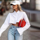 OOTDGIRL Women Fashion White Crop Top Blouses Sexy Turn-Down Collar Shirt Long Sleeve Female Clothing Spring Autumn Streetwear Pullover