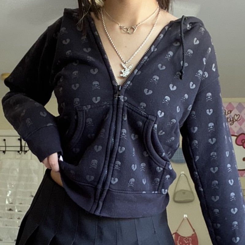 OOTDGIRL 90S Vintage Skulls Print Black Sweatshirt Zipper Long Sleeve Autumn Hoodies Fairycore Grunge Jackets Retro Harajuku Winter Coat