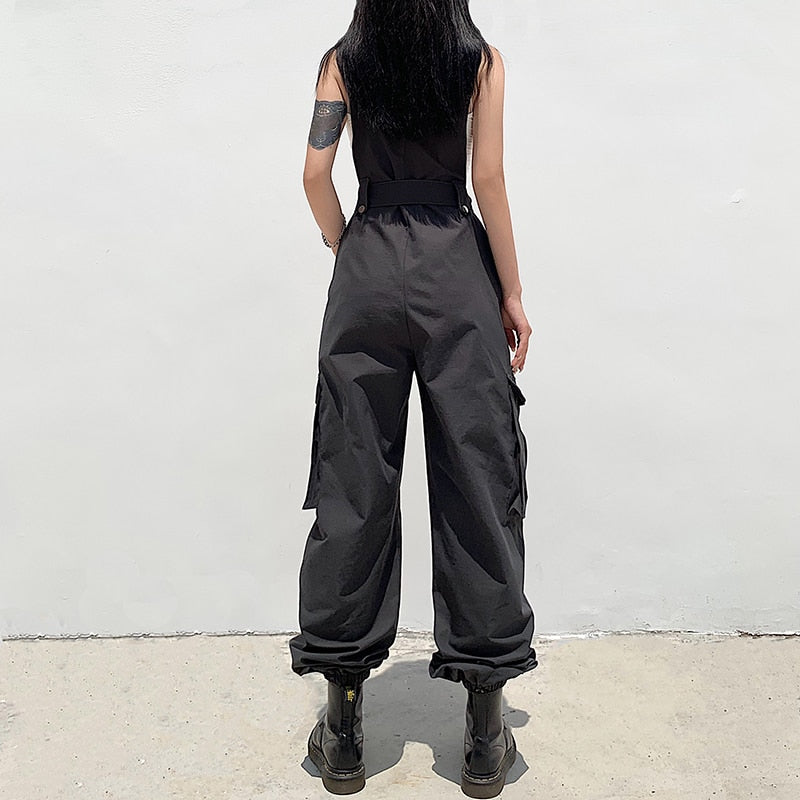 Ootdgirl  Gothic Black Overalls Womens Cargo Pants Sling Bow Belt Dungarees Wide Leg Pants Casual Trousers Oversized