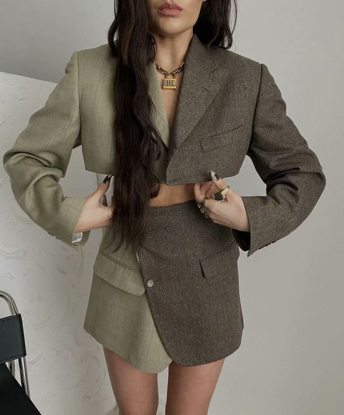 OOTDGIRL Fashion Women Vintage Patchwork Crop Blazer Mujer Notched Collar Single Button Suit Outerwear Autumn Chic Tops
