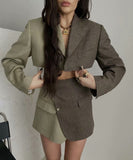 OOTDGIRL Fashion Women Vintage Patchwork Crop Blazer Mujer Notched Collar Single Button Suit Outerwear Autumn Chic Tops