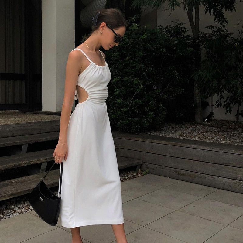 OOTDGIRL Sexy Open Back Spaghetti Strap Long Dress Women Summer French Style Vacation Beach Sundresses White Black C66-BF27