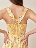 OOTDGIRL Summer Top Spaghetti Strap Fashion Back Elastic Zipper Women Camis Vintage Yellow Tartan Floral Print Tank Top