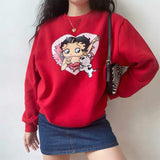 Ootdgirl  80S 90S American Vintage Cartoon Print Girl's Pullover Autumn Thick Warm Long Sleeve Hoodies Plus Size Loose Women Sweatshirts