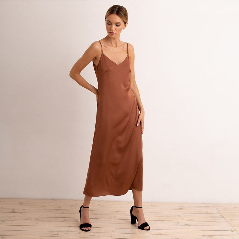 Ootdgirl  Satin Sling Brown  Dress Backless Spaghetti Strap Long Dress 2022 Summer Homewear Pajama Party Club Slim Female