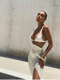 OOTDGIRL White Beach Dress Women Spaghetti Straps Backless Knitted Sexy Beach Cover Up Summer Beachwear Maxi Dresses 2022 New