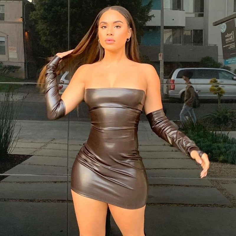 Ootdgirl  Brown Faux PU Leather With Gloves Short  Dress Women Fashion 2022 Backless Slim Black Red Bodycon Mini Party Dresses