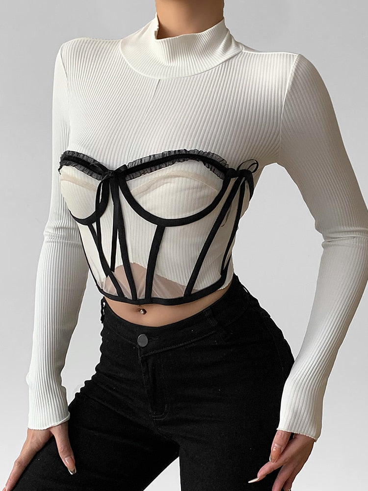 Ootdgirl  Women White Corset Top Criss Lace Up Patchwork Underbust Transparent Mesh Strapless Skinny Body Vintage Wide Belt 2022