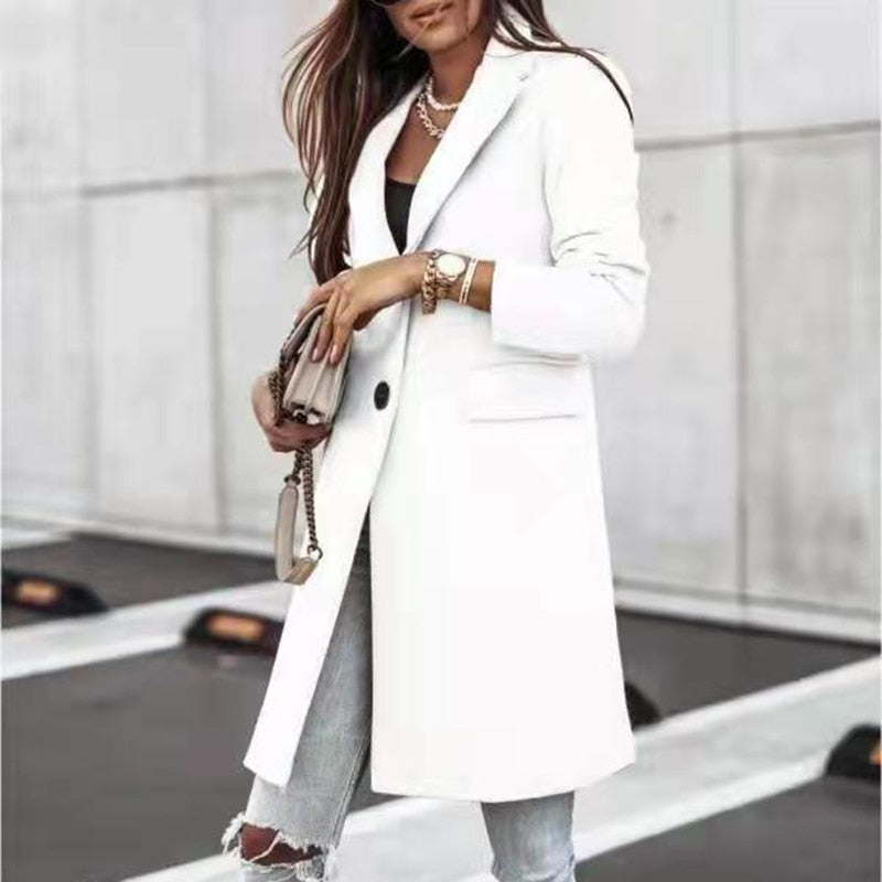 Ootdgirl Women Simple Fashion Fall Winter Long Sleeves Button Cardigan Woolen Outwear Casual Solid Color Suit Collar Slim Streetwear Coat