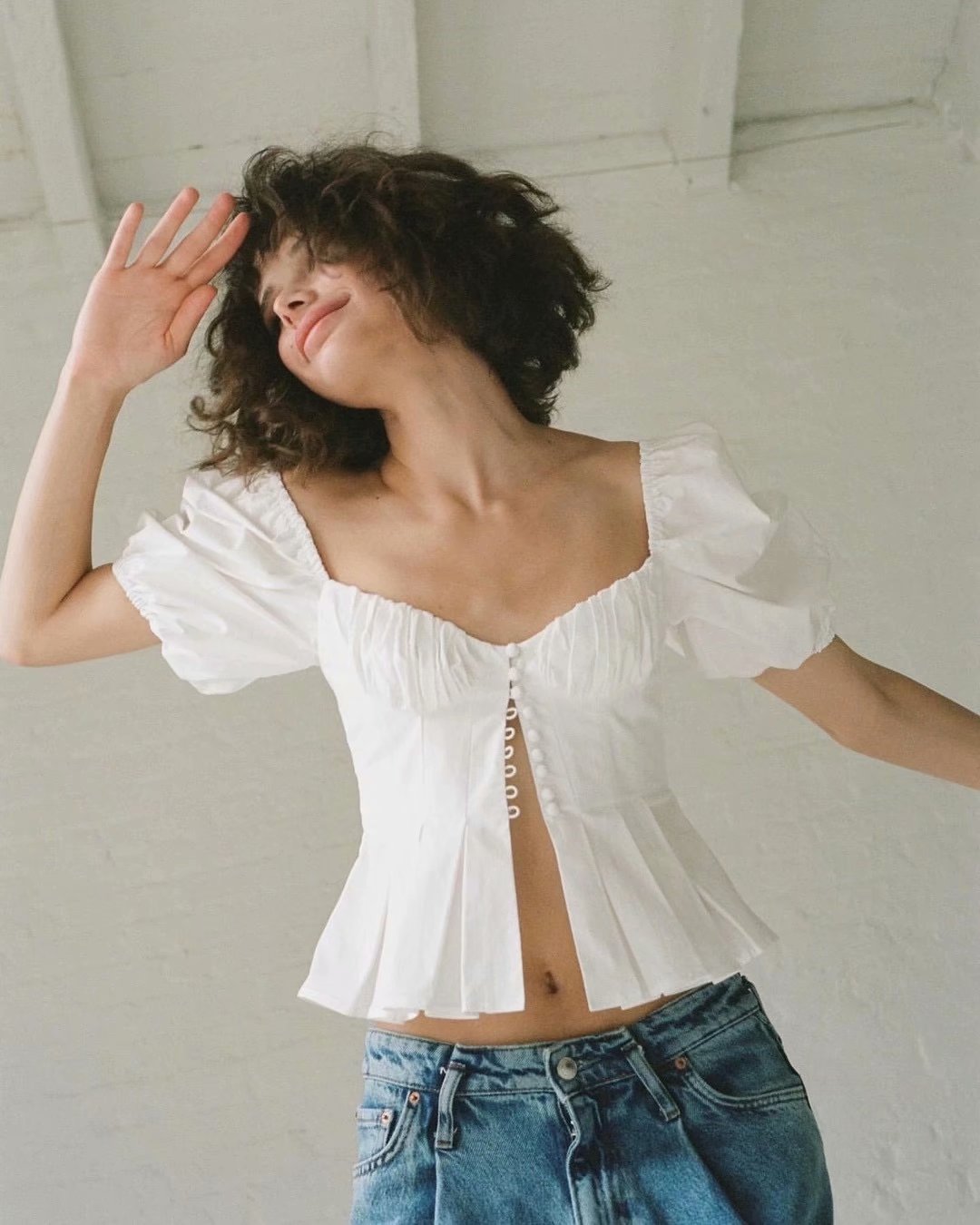 OOTDGIRL Chic Fashion Square Collar Lace Up Top White Cotton For Women Summer Crop Top Elegant Tank Top Vintage Blouse Blanca Mujer