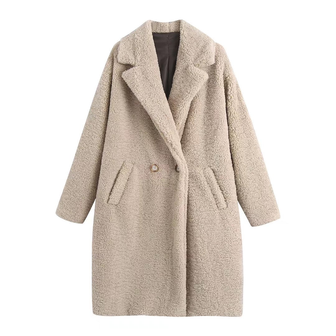 OOTDGIRL Ladies Fur Outerwear Camel Wool Loose Winter Warm Thick Medium Length High-End Overcoat For Women