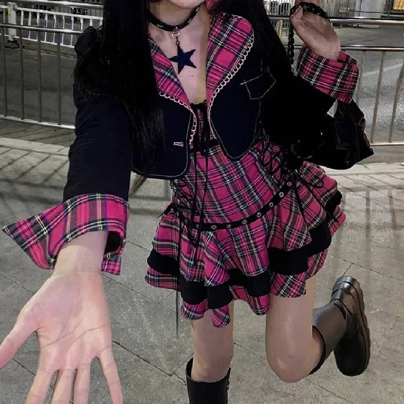 OOTDGIRL Back to School Gothic Skirt Suit Plaid Lace Up Spaghetti Pleated Mini Cami Dress + Crop Jacket Coat Egirl Punk Uniform Cosply Costume