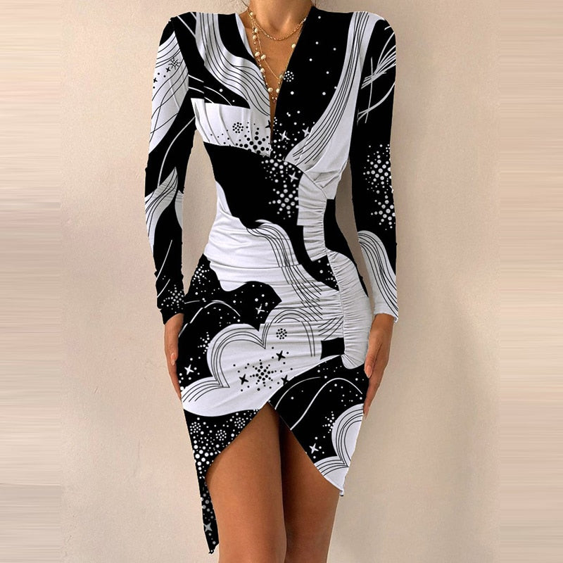 Ootdgirl Fashion  Party Lady Dress Fall Leopard Print Long Sleeves V Neck Slim Bodycon Split Dress Elegant 2022 Spring Women Dresses