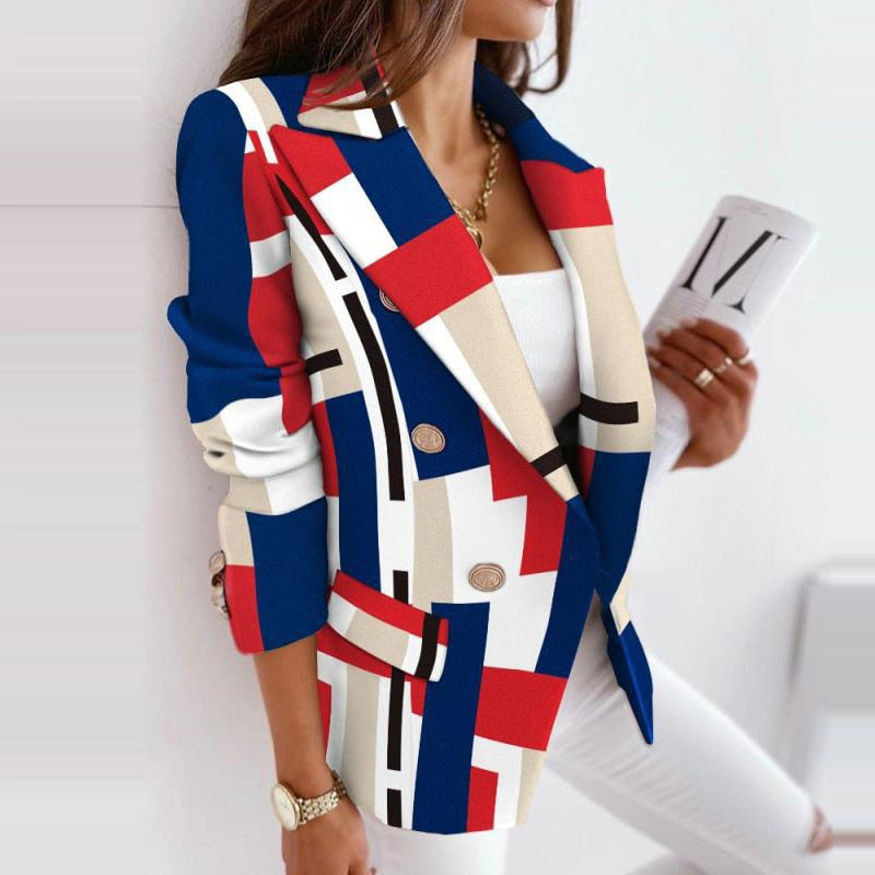 Ootdgirl Retro Slim Double Breasted Cardigan Fashion Streetwear Plaid Printed Suit Jackets Autumn Long Sleeves Casual Lapel Elegant Coats