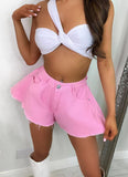 OOTDGIRL Women Summer Casual Loose Style Shorts Solid Color Mid Waist Denim Cloth Flared Shorts Pink/ Grey/ White 2022 Streetwear