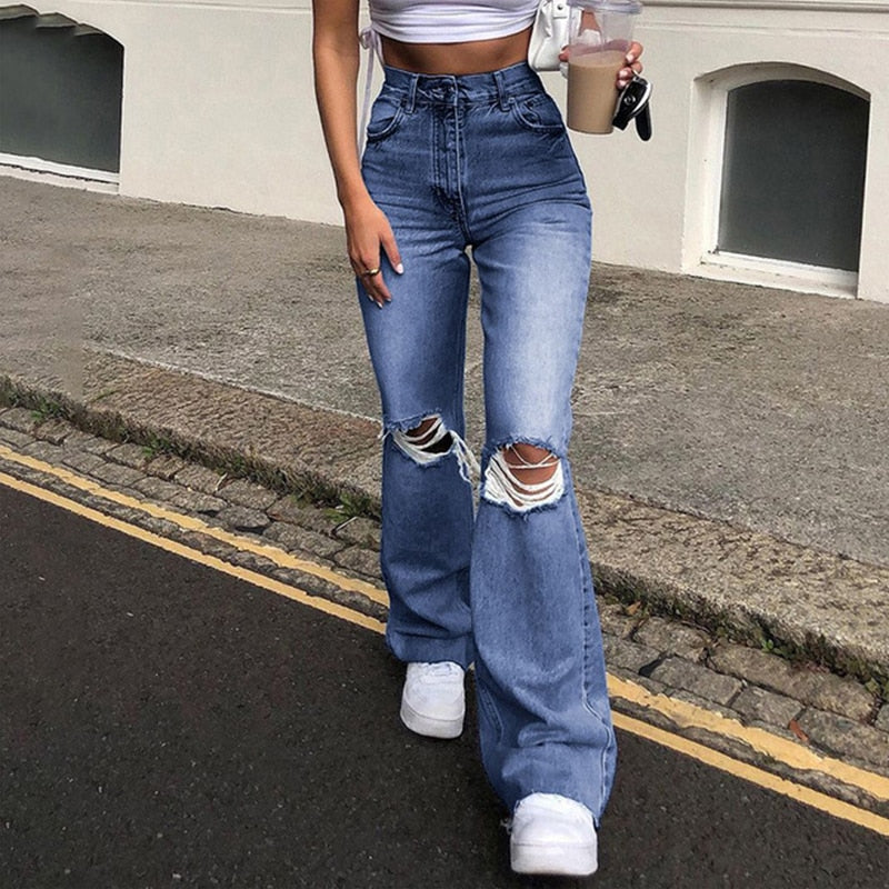 Ootdgirl  Fashion Ripped Blue Newflare Jeans For Girls Female 2022 Casual Women's Vintage Denim Pants High Waisted Trouser Harajuku Capri