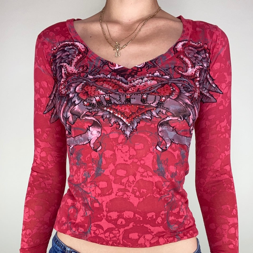 OOTDGIRL Angel Wings Heart Graphic Print T-Shirt Diamonds Grunge Fairycore V Neck Long Sleeve Slim Crop Top Women Vintage Kawaii Red Tees