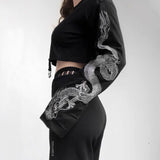 OOTDGIRL Gothic Punk Cool Girl Dragon Pattern T Shirts Long Sleeve Suspenders Women T-Shirt Crew Neck Black Crop Top Autumn Pullover