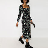 OOTDGIRL Dresses For Women 2022 Elegant Square Neck Vintage Floral Dress Back Shirred Side Slit Long Sleeve Midi Dress Fashion Clothing