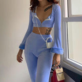 Ootdgirl  Velvet Women Two Piece Set Casual Blue Set Fake Fur Cardigan And Cute Heart Sweatpants Trendy Streetwear Tracksuit