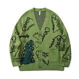 Ootdgirl  Dinosaur Pattern Black Cardigan Sweater Men Vintage Oversized Cartoon Kawaii Vintage Coats Autumn Winter Loose Sweater