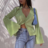 OOTDGIRL Green Vintage Flare Sleeve Top Shirt Y2K Button Up V Neck Blouse Aesthetic Korean Fashion Streetwear Women's Shirts