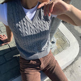 Ootdgirl  Casual Solid New Geometric Pattern Knitted Sweater Vest Preppy Style V Neck Cropped Tank Top Female 90S Knitwear Autumn Winter