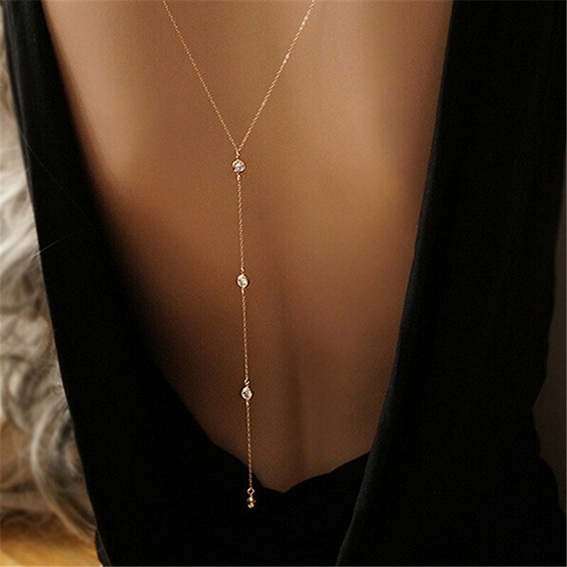 Ootdgirl  Women Long Necklace Bare Back Gold Crystal Rhinestone Pendant Chain Necklace Backdrop Beach Body Jewelry