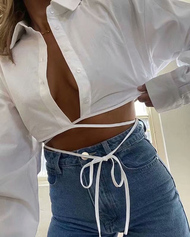 OOTDGIRL 2022 Cropped Shirt Women With Ties Long Sleeves Casual Fashion Chic Lady High Fashion Blouses Women Tops