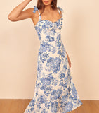 OOTDGIRL Summer Dresses Women 2022 Vintage Blue White Floral Print Dress Woman Sexy Spaghetti Strap Tie Chiffon Elegant Ruffle Midi Dress