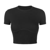 Ootdgirl  Casual Ribbed Crop Basic Solid T-Shirt Women Chic Crew Neck Short Sleeve Tee Stretch Skinny Crop Top Feminina Outfits
