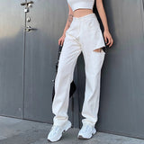 Ootdgirl  Cotton High Waisted Jeans With Holes White Pockets Casual Straight Pants Wide Leg Jean Streetwear Trousers