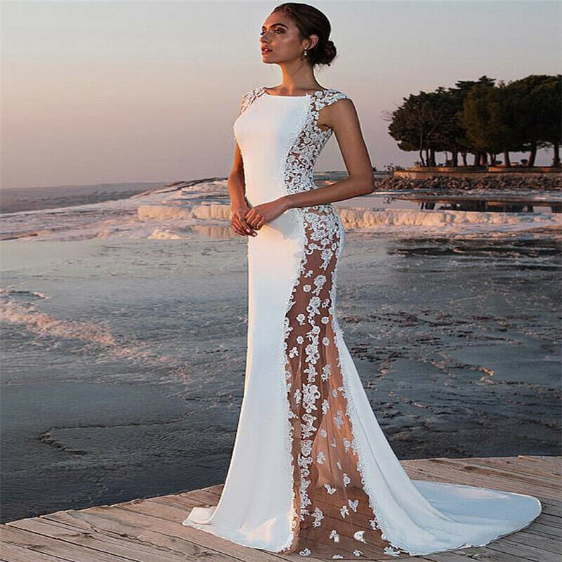Ootdgirl  Women Formal Lace Sleeveless  Long Evening Party Ball Gown Bodycon Trumpet Elegant Formal Dress White