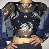 Ootdgirl 2022 Women  Harajuku Mesh Tops Long Sleeve See Through T Shirt Transparent Sun Moon Star Print T-Shirt Femininas Clubwear