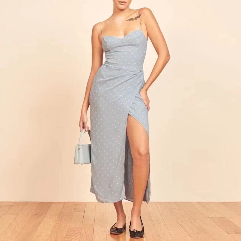 OOTDGIRL Summer Dresses For Women 2022 Elegant Vintage Floral Midi Dress Spaghetti Strap Slit  Vacation Style Dress