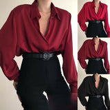 OOTDGIRL Women Button Blouses Turn Down Collar Shirts Office Lady Long Sleeve Casual Blouse Loose OL Shirt Baggy Tops Red/Wine Red /Black