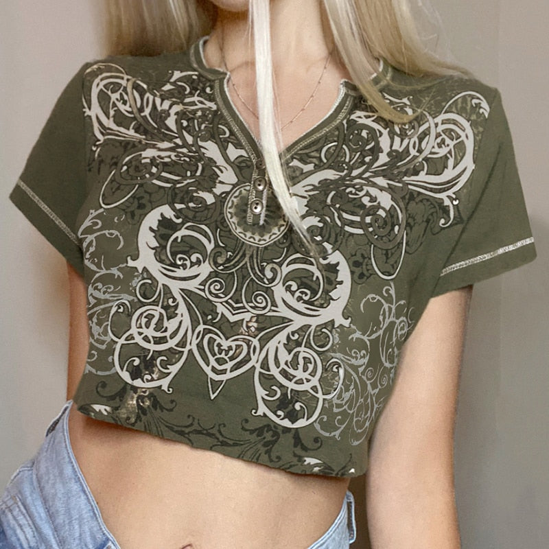 Ootdgirl  Vintage Print T-Shirt Women Aesthetic Long Sleeve Crop Top Autumn E Girl Casual Basic Tee Shirt 90S Grunge Fairycore