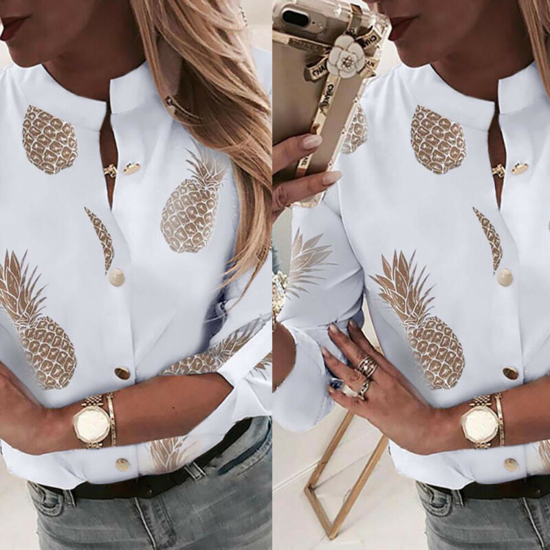 OOTDGIRL Women Stand Collar Long Sleeve Button Fashion Office Lady Summer Pineapple Printing Shirt Ladies Loose Tops S/M/L/XL/2XL