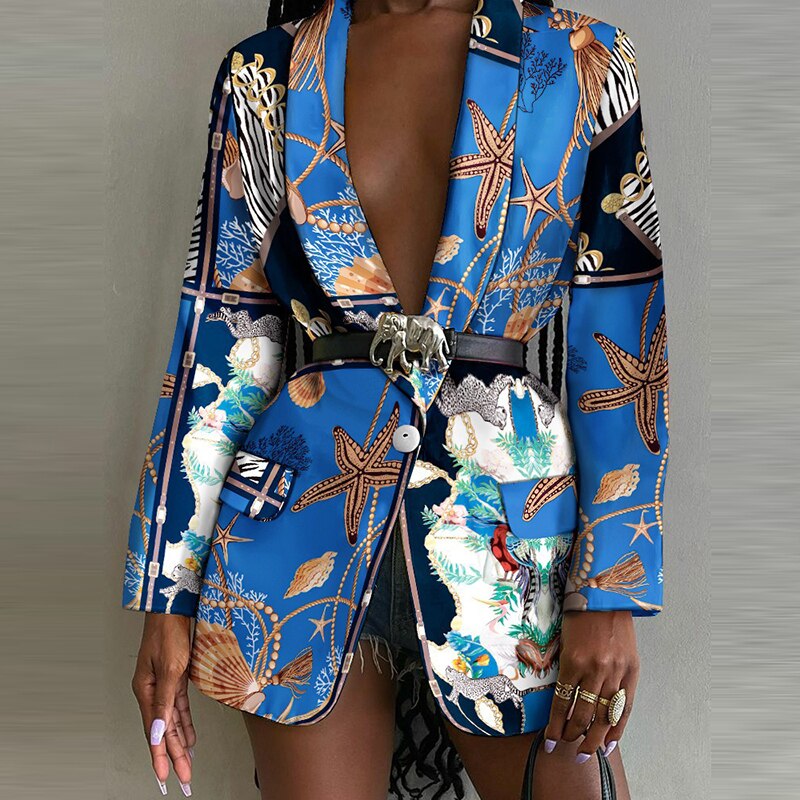 Ootdgirl Fashion Women Printed Turn-Down Collar Buttons Cardigan Suit Coats Streetwear Long Sleeves Elegant Slim Party Office Lady Jacket