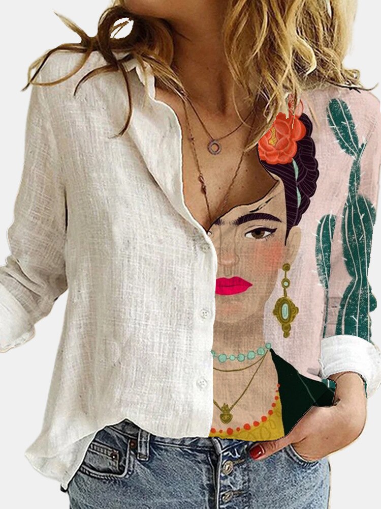 Ootdgirl  Vintage Portrait Print Long Sleeve Blouse Women 2022 Spring Summer Button Plus Size Cotton Lapel Casual Shirt Loose Fashion Tops