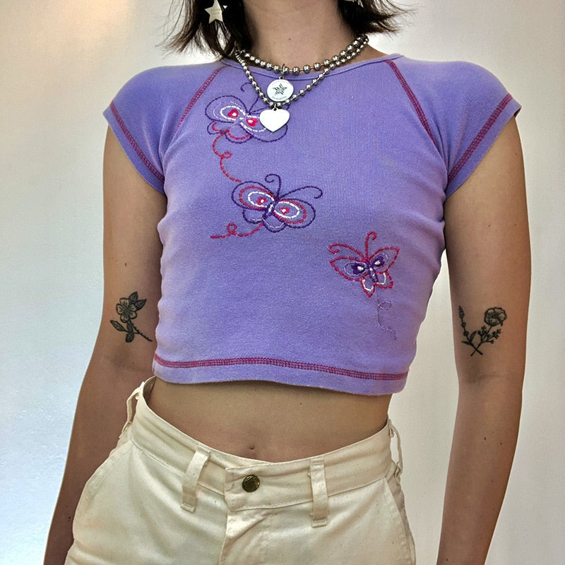 OOTDGIRL Y2K Butterfly Embroidery Baby Tees O-Neck Short Sleeve Purple T-Shirts Kawaii Women Crop Tops 90S Vintage Aesthetic Streetwear