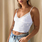 OOTDGIRL Y2K White Milkmaid Crop Top Sexy Floral Printed Lace Patchwork Backless Spaghetti Strap Cami Top Women Summer Sleeveless Vest
