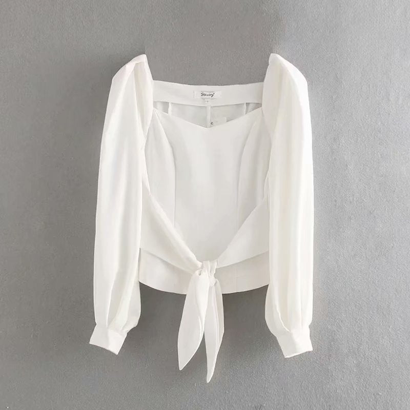 OOTDGIRL Women Solid White Shirt Belt New Square Collar Long Puff Sleeve Temperament Casual Style Chic Fashion Autumn
