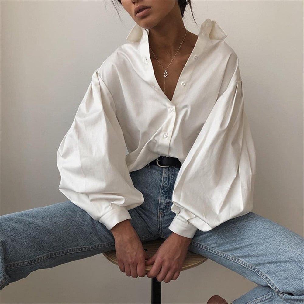 OOTDGIRL Spring Women Fashion Loose Blouses Lapel Neck Lantern Long Sleeve Single-Breasted Shirts White Tops 2022 Female Clothing