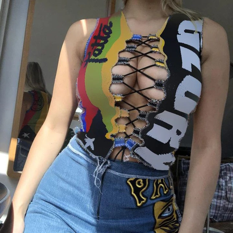 Women Cut Out Tie Front Tank Top Wrapped Vest Rough Hem Slimming Party Summer Hollow Bandage Letters Shirt Harajuku Cropped Top