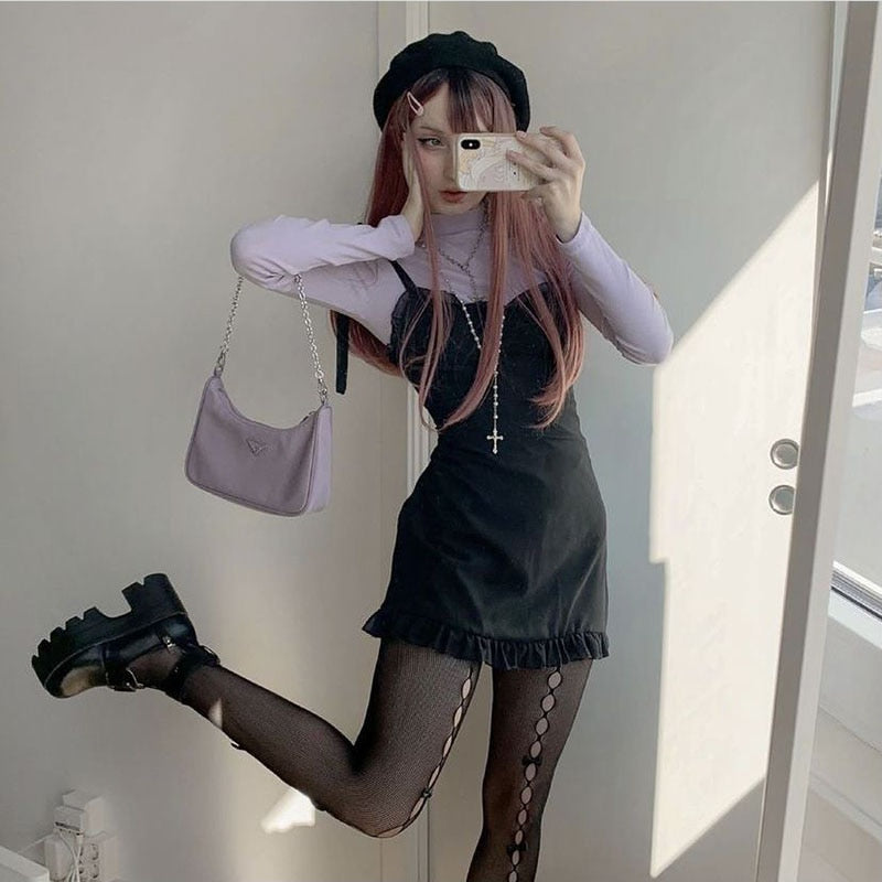 OOTDGIRL Back to School Lolita Goth Lace Stockings Women Harajuku Tights Elastic High Waist Pantyhose Hollow Sexy Leggings With Bowknot 90S
