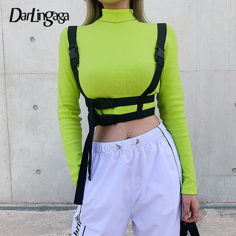 Ootdgirl Fashion Neon Green Bodycon Female T-Shirt Long Sleeve Crop Top Turtleneck T Shirt Suspender Strap Tops Tees Shirt New